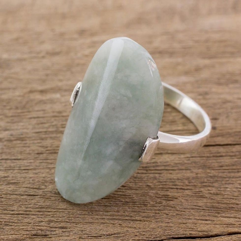 Light Green Jade and Silver Cocktail Ring from Guatemala 'Maya Virtue in Light Green'