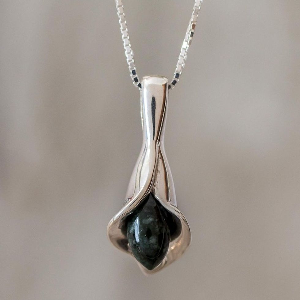 Silver and Dark Green Jade Floral Necklace from Guatemala 'Dark Green Calla Lily'