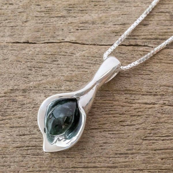 Alternate image for Silver and Dark Green Jade Floral Necklace from Guatemala Dark Green Calla Lily