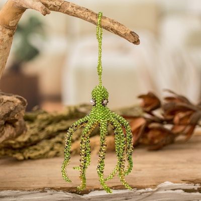Alternate image for Crystal and Glass Beaded Green-Hued Octopus-Themed Ornament Green Aquatic Life