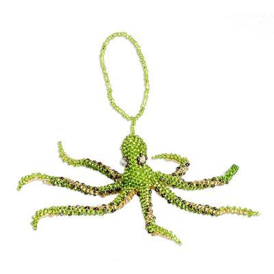 Alternate image for Crystal and Glass Beaded Green-Hued Octopus-Themed Ornament Green Aquatic Life
