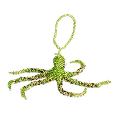 Alternate image for Crystal and Glass Beaded Green-Hued Octopus-Themed Ornament Green Aquatic Life