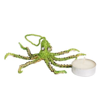 Alternate image for Crystal and Glass Beaded Green-Hued Octopus-Themed Ornament Green Aquatic Life