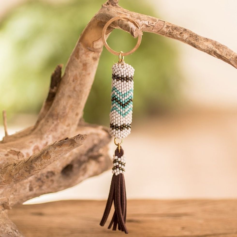 Beaded Leather Keychain and Bag Charm Handmade in Guatemala 'Beautiful Sky'