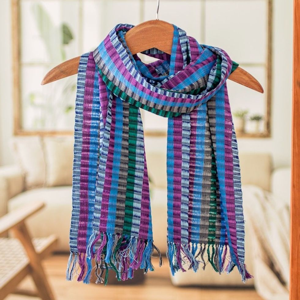 Colorful Hand-Woven Cotton Scarf with Stripes and Fringes 'Colors of the Lake'