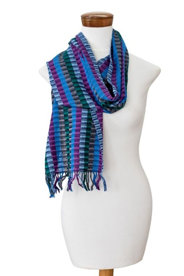 Alternate image for Colorful Hand-Woven Cotton Scarf with Stripes and Fringes Colors of the Lake