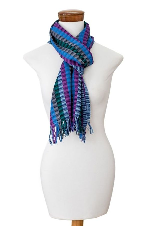 Alternate image for Colorful Hand-Woven Cotton Scarf with Stripes and Fringes Colors of the Lake