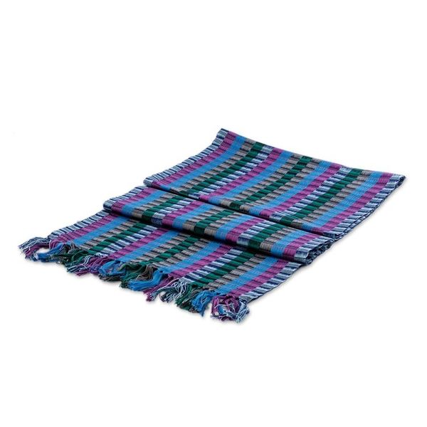 Alternate image for Colorful Hand-Woven Cotton Scarf with Stripes and Fringes Colors of the Lake