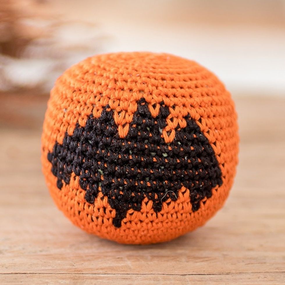 Crocheted Cotton Hacky Sack with Bat Motif in Orange Black 'Playful Bat'