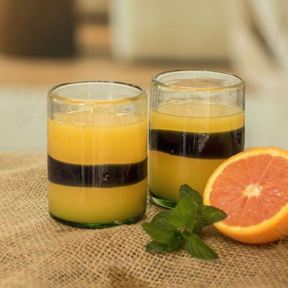 Eco-Friendly Handblown Juice Glasses with Blue Stripe Pair 'Pacifico'