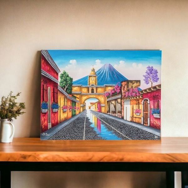 Alternate image for Signed Painting of a Volcano Town from Guatemala Santa Catalina Arch