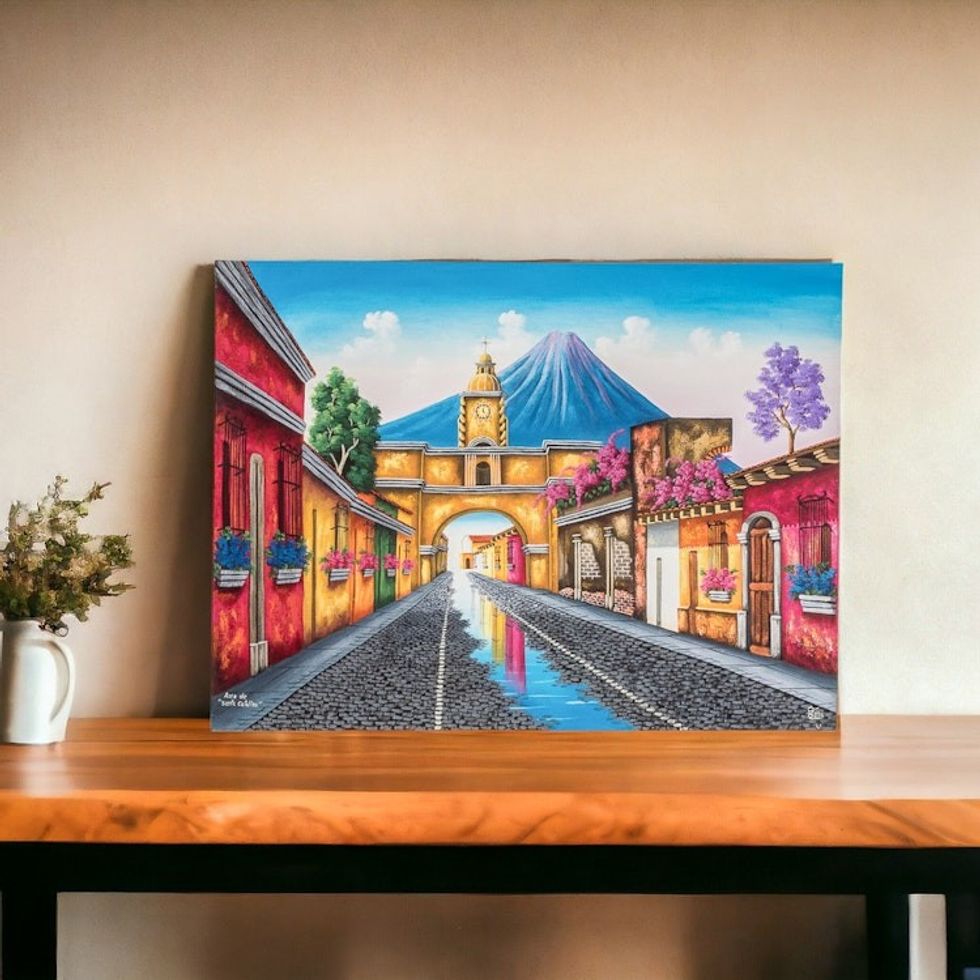 Signed Painting of a Volcano Town from Guatemala 'Santa Catalina Arch'