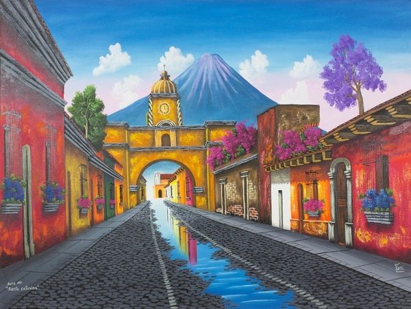 Alternate image for Signed Painting of a Volcano Town from Guatemala Santa Catalina Arch