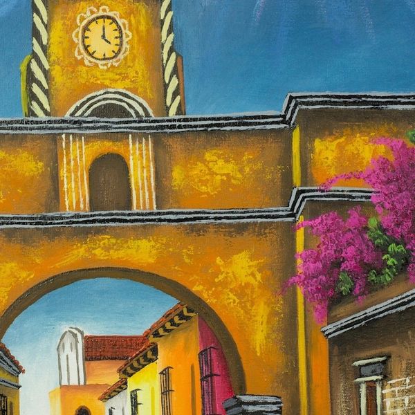 Alternate image for Signed Painting of a Volcano Town from Guatemala Santa Catalina Arch