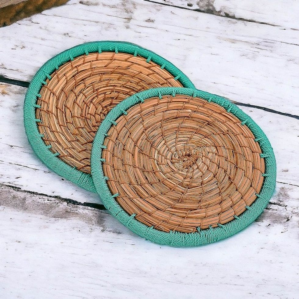 Handcrafted Pine Needle and Polyester Green Coasters Pair 'Latin Toast in Green'