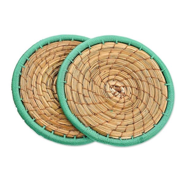 Alternate image for Handcrafted Pine Needle and Polyester Green Coasters Pair Latin Toast in Green