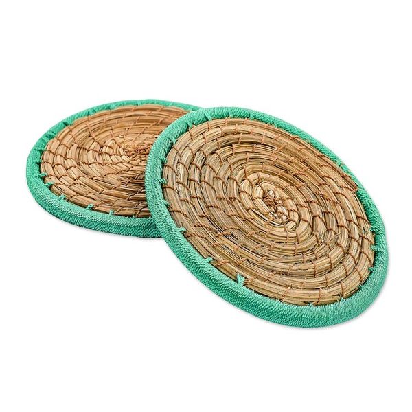Alternate image for Handcrafted Pine Needle and Polyester Green Coasters Pair Latin Toast in Green