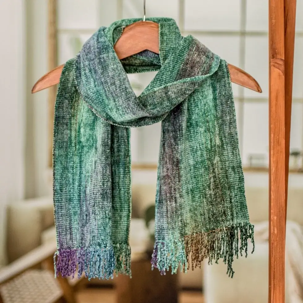 Handwoven Teal Rayon Chenille Scarf from Guatemala 'Enchanted Forest'