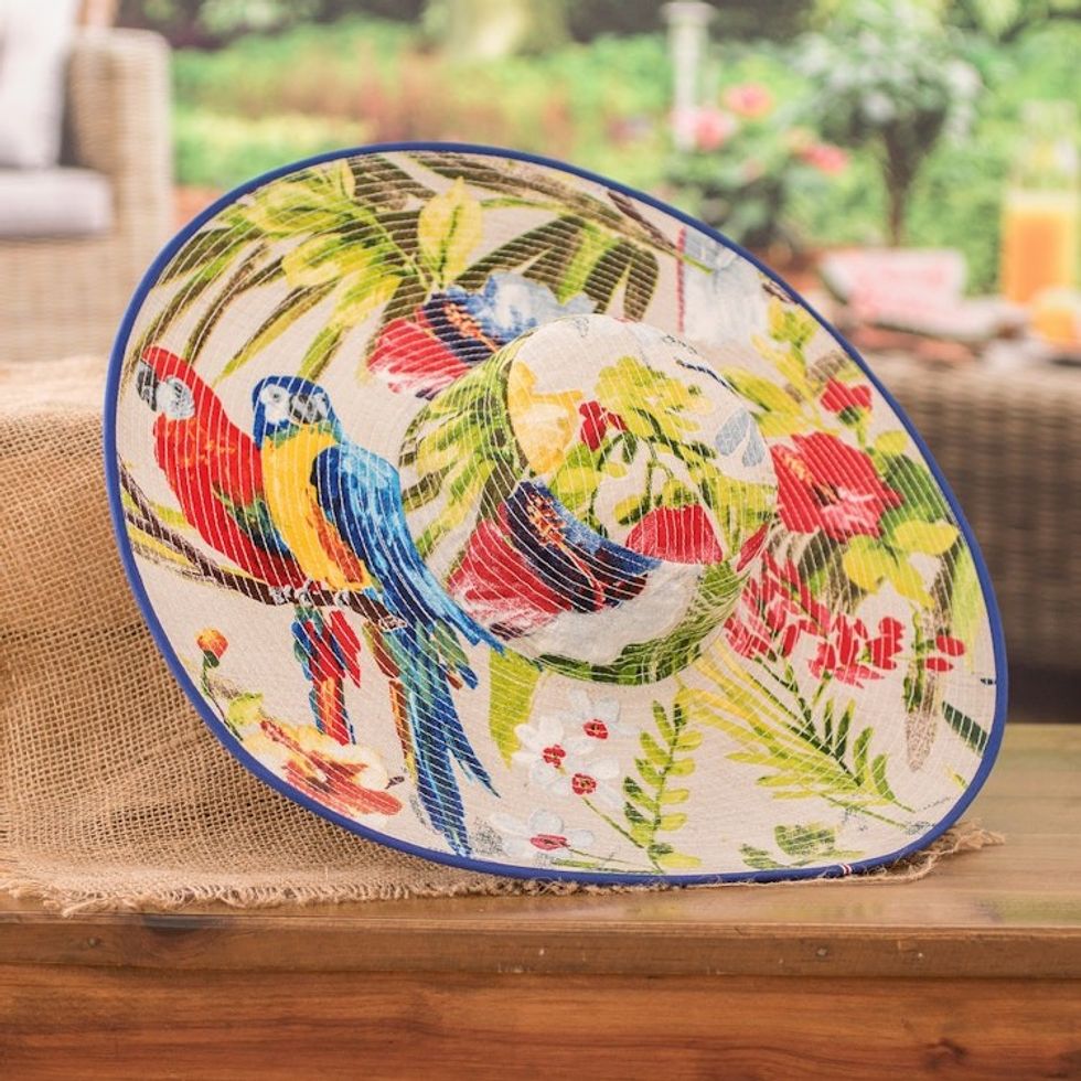 Tropical Cotton Sun Hat with Blue Piping and 6-Inch Brim 'Tropical World'