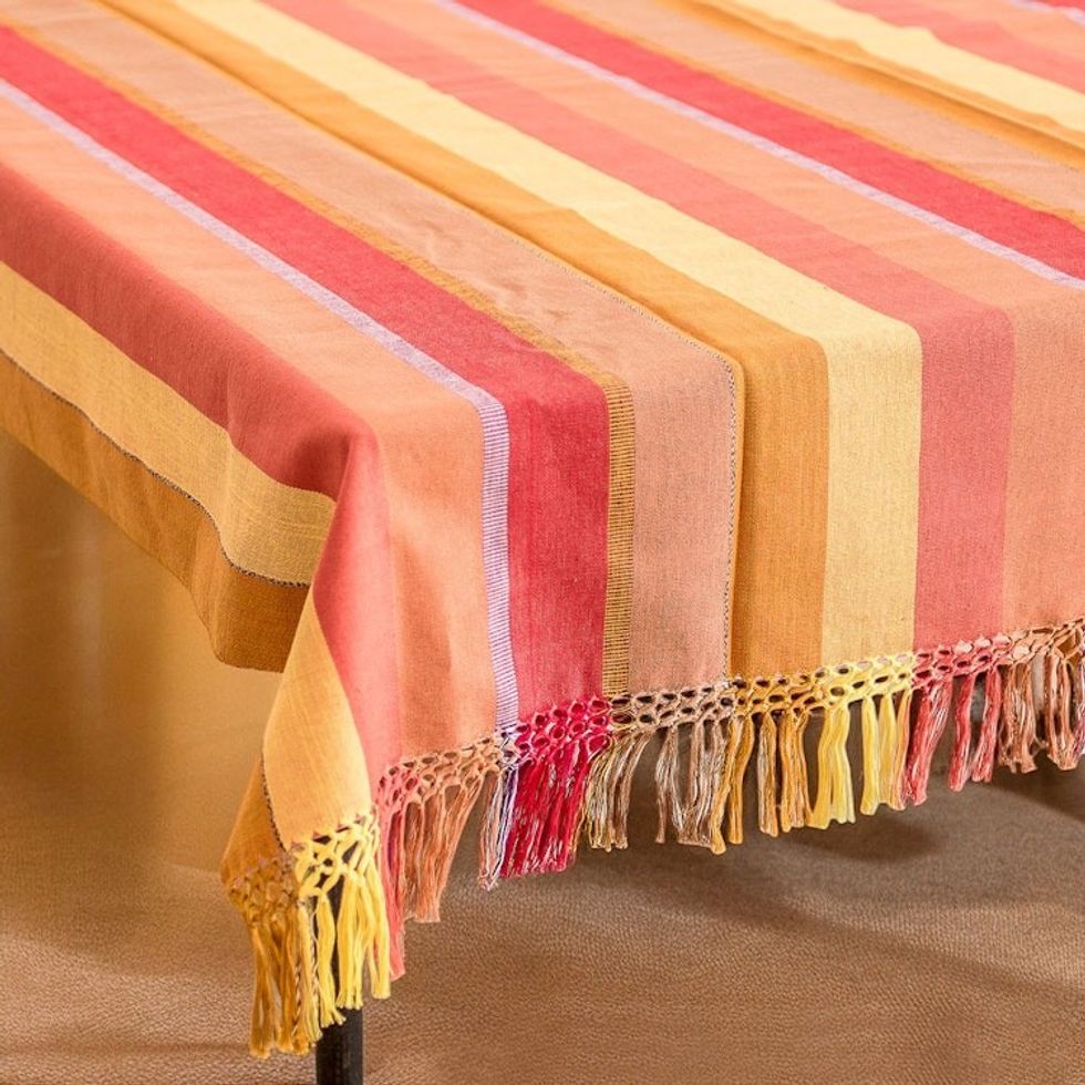Handwoven Striped Fringed Colorful Cotton Tablecloth 'Dawn in the Countryside'