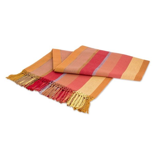 Alternate image for Handwoven Striped Fringed Colorful Cotton Tablecloth Dawn in the Countryside