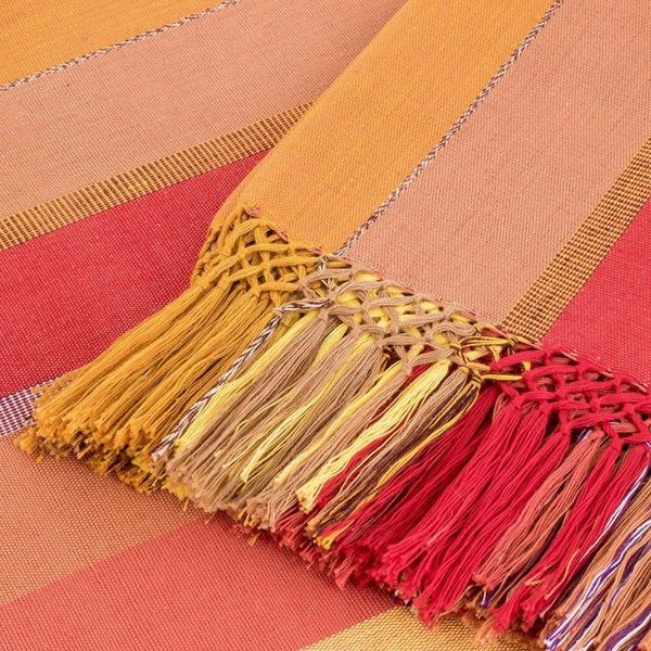 Alternate image for Handwoven Striped Fringed Colorful Cotton Tablecloth Dawn in the Countryside