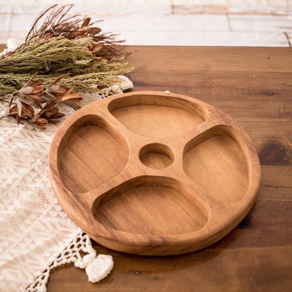Handcrafted Wood Appetizer Platter with Four Compartments 'Let Us Share'