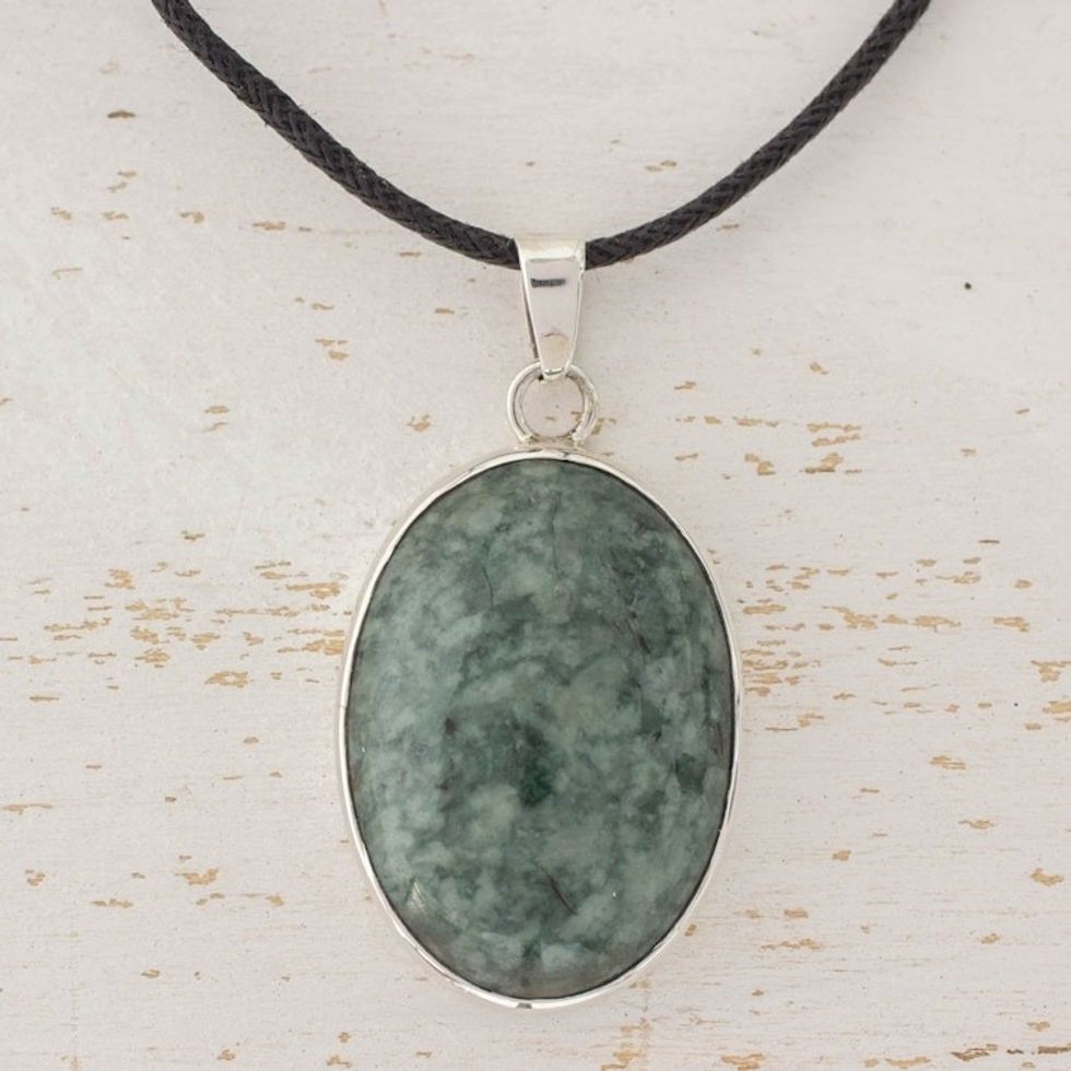 Guatemalan Jade Pendant on 925 Silver and Cotton Cord 'Sacred Maya Treasure'