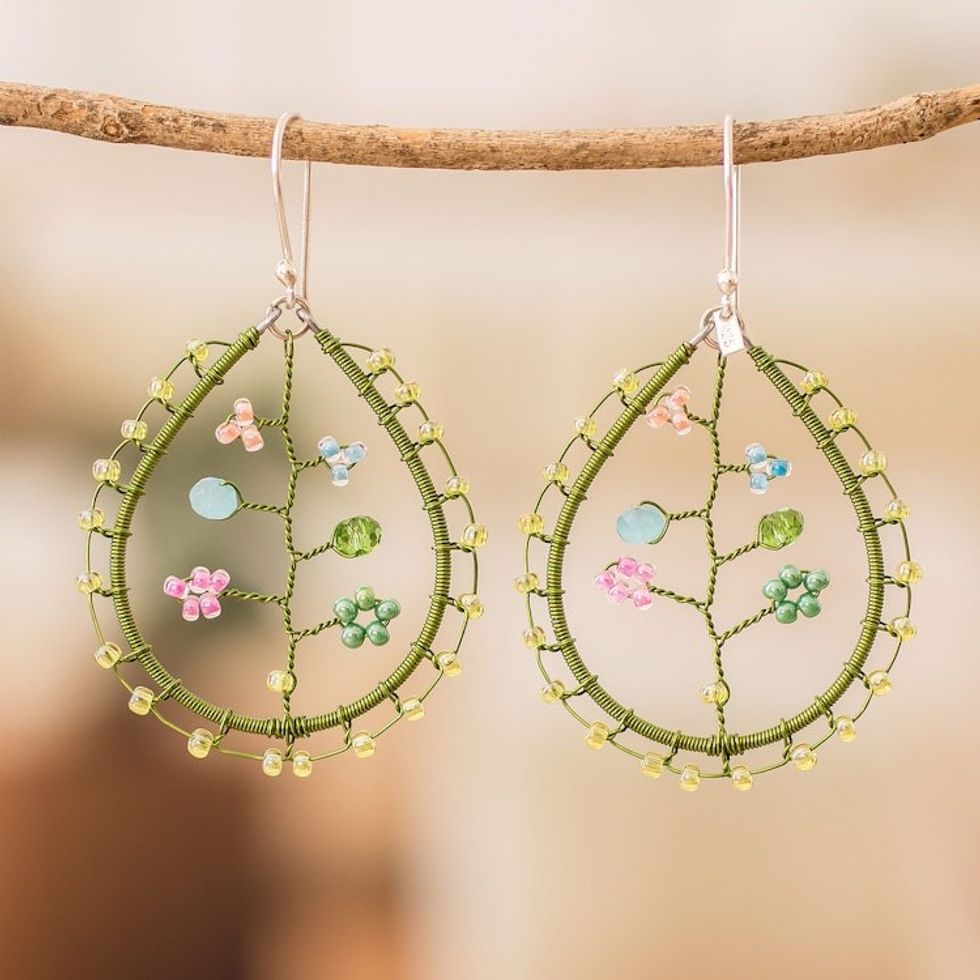 Floral Green Crystal and Glass Beaded Dangle Earrings 'Spring of Hope'