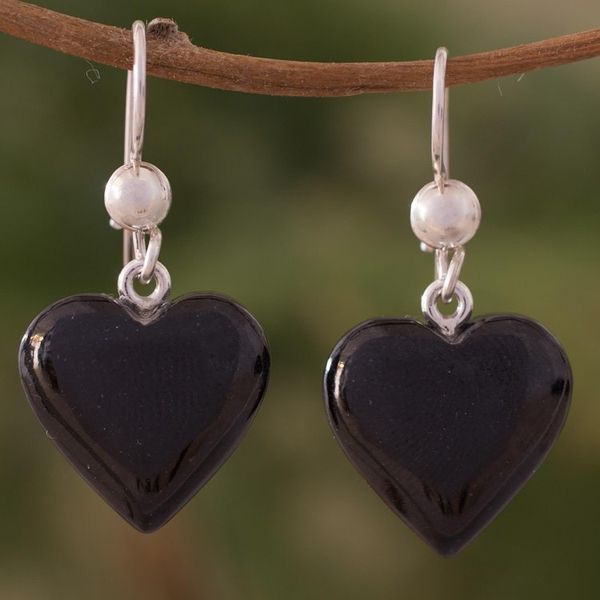 Alternate image for Black Heart Shaped Jade Silver Dangle Earrings Guatemala Mayan Heart in Black