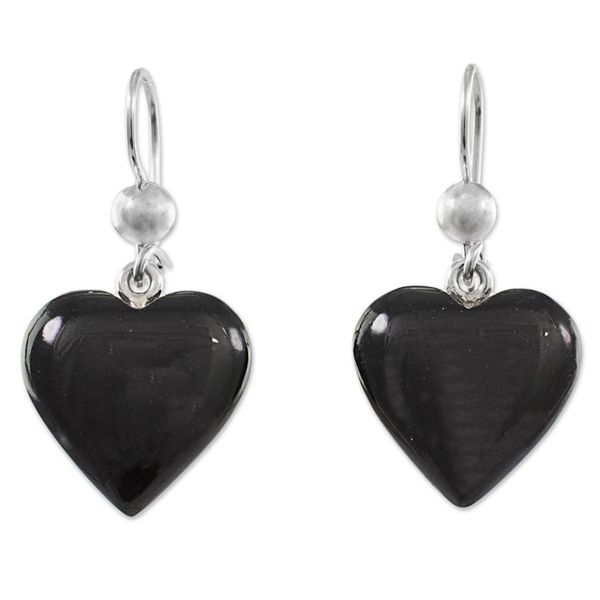 Alternate image for Black Heart Shaped Jade Silver Dangle Earrings Guatemala Mayan Heart in Black