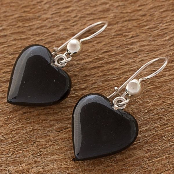 Alternate image for Black Heart Shaped Jade Silver Dangle Earrings Guatemala Mayan Heart in Black