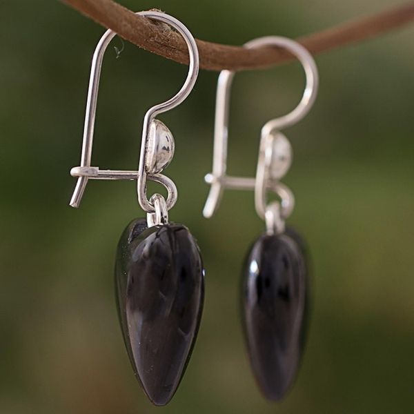 Alternate image for Black Heart Shaped Jade Silver Dangle Earrings Guatemala Mayan Heart in Black