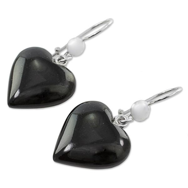 Alternate image for Black Heart Shaped Jade Silver Dangle Earrings Guatemala Mayan Heart in Black