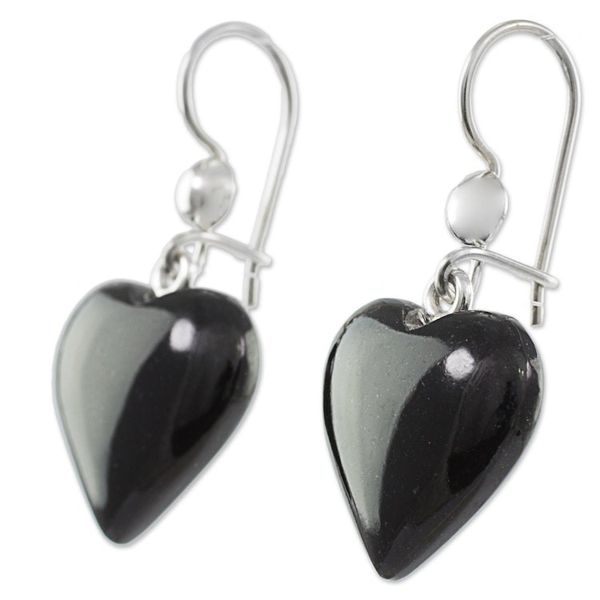 Alternate image for Black Heart Shaped Jade Silver Dangle Earrings Guatemala Mayan Heart in Black