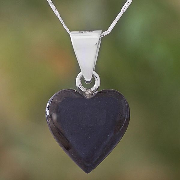 Alternate image for Black Jade Sterling Silver Heart Pendant Necklace Guatemala Mayan Heart in Black