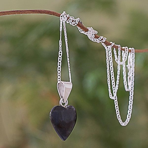 Alternate image for Black Jade Sterling Silver Heart Pendant Necklace Guatemala Mayan Heart in Black