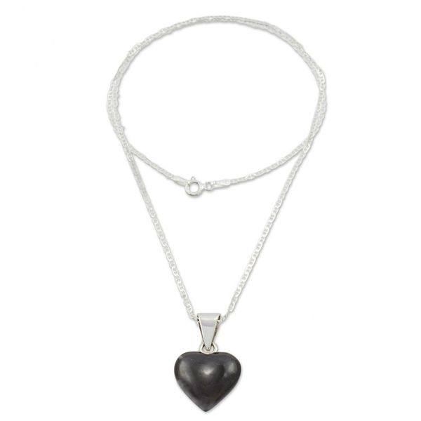 Alternate image for Black Jade Sterling Silver Heart Pendant Necklace Guatemala Mayan Heart in Black
