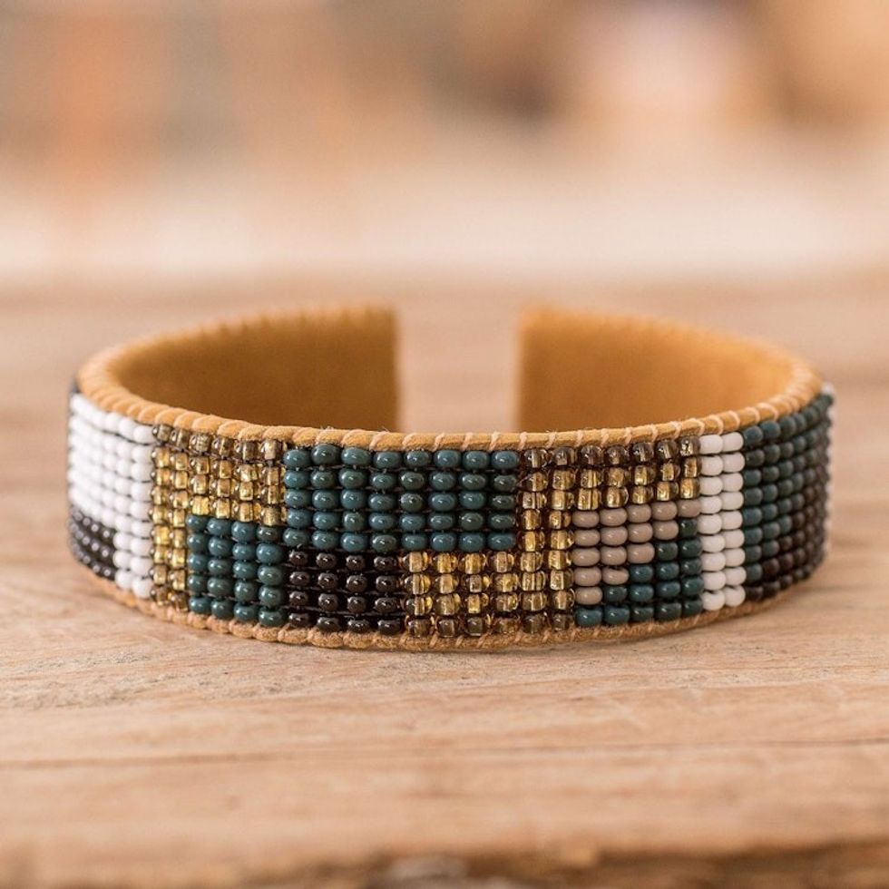 Geometric Glass Beaded Cuff Bracelet with Leather Accents 'Geometric Sparkles'