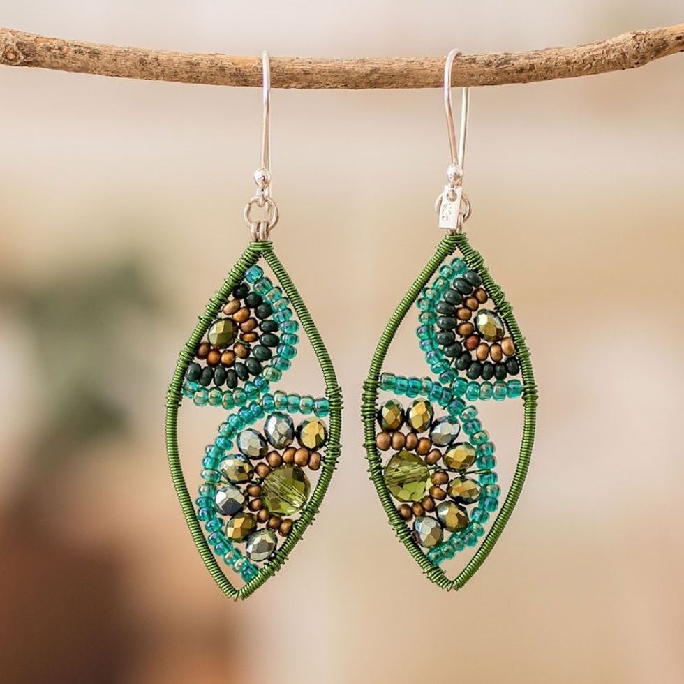 Green and Turquoise Crystal and Glass Beaded Dangle Earrings 'Refreshing Leaves'