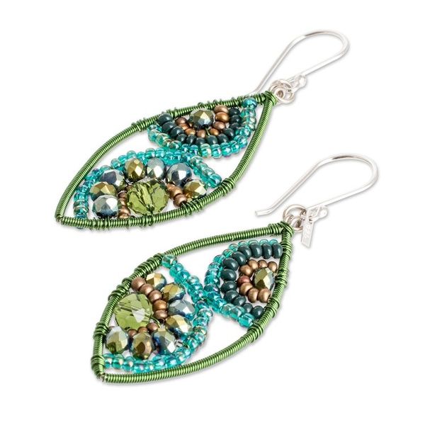 Alternate image for Green and Turquoise Crystal and Glass Beaded Dangle Earrings Refreshing Leaves