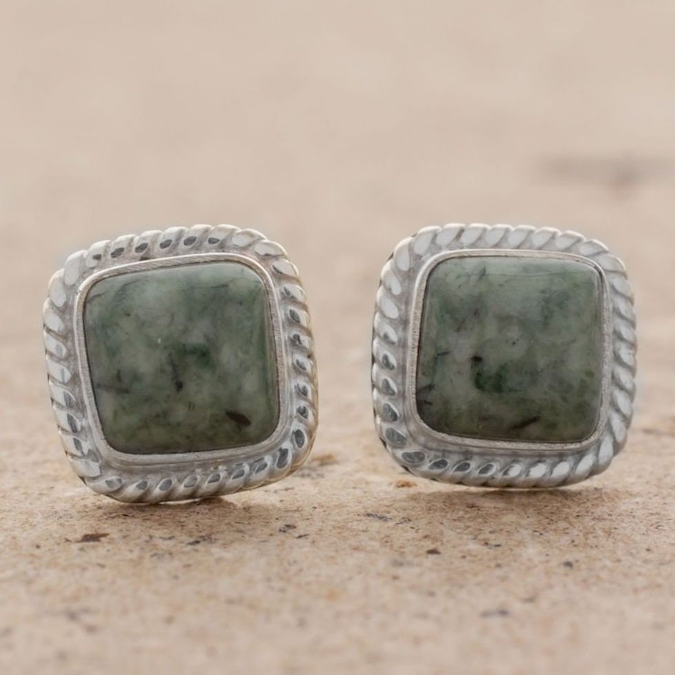Jade and Sterling Silver Rope Motif Earrings from Guatemala 'Love Lassos in Green'
