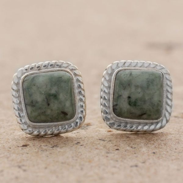 Alternate image for Jade and Sterling Silver Rope Motif Earrings from Guatemala Love Lassos in Green