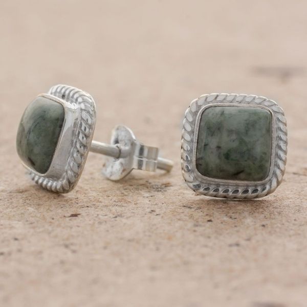 Alternate image for Jade and Sterling Silver Rope Motif Earrings from Guatemala Love Lassos in Green