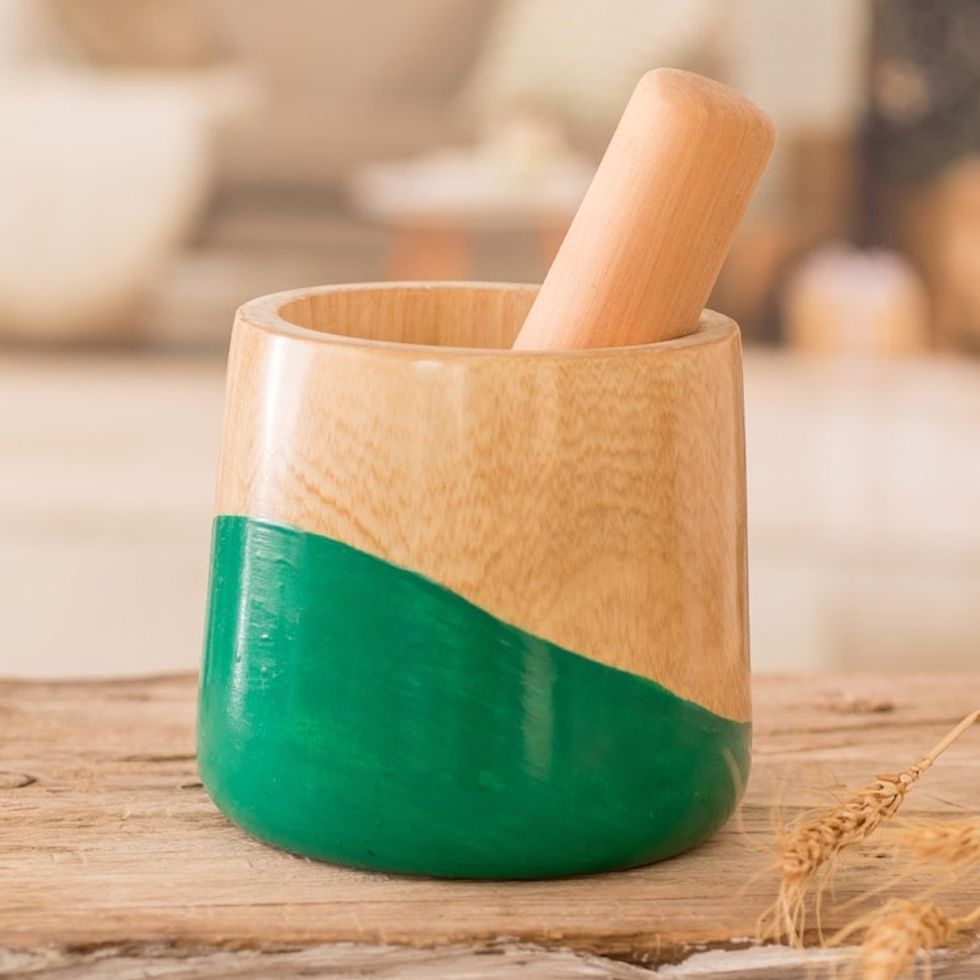 Dip Painted Hand Carved Wood Mortar 'Spicy Green'