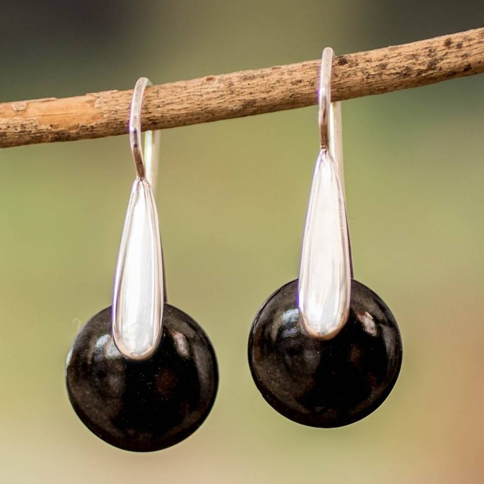 Minimalist Silver Drop Earrings with Black Jade Stones 'Black Circle of Love'