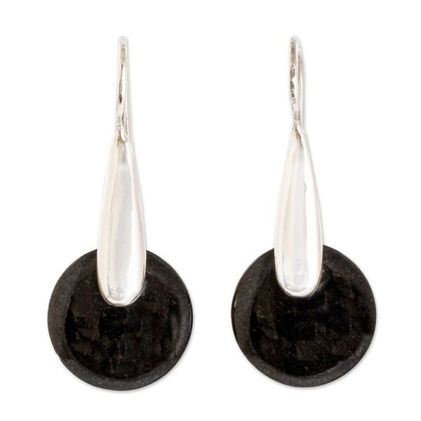 Alternate image for Minimalist Silver Drop Earrings with Black Jade Stones Black Circle of Love