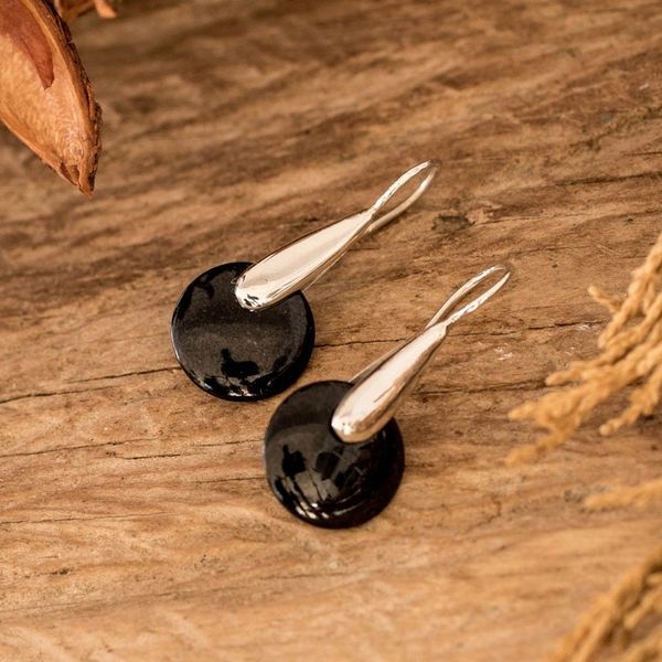 Alternate image for Minimalist Silver Drop Earrings with Black Jade Stones Black Circle of Love