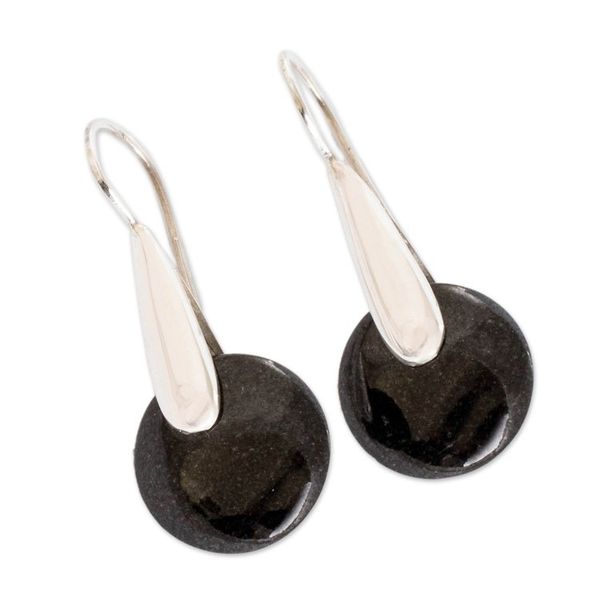 Alternate image for Minimalist Silver Drop Earrings with Black Jade Stones Black Circle of Love