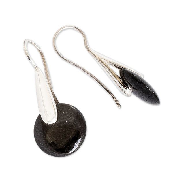 Alternate image for Minimalist Silver Drop Earrings with Black Jade Stones Black Circle of Love